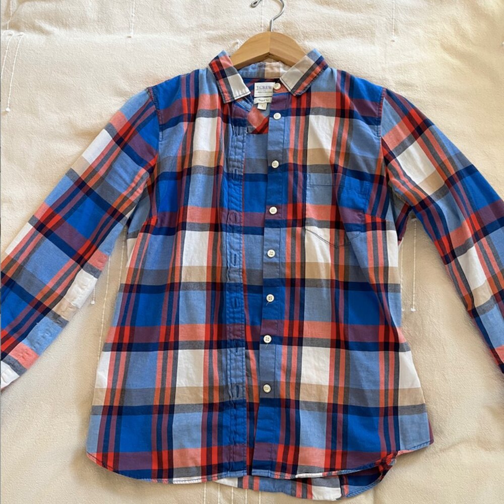 JCrew Pefect Fit Plaid Flannel Shirt, Red White Blue